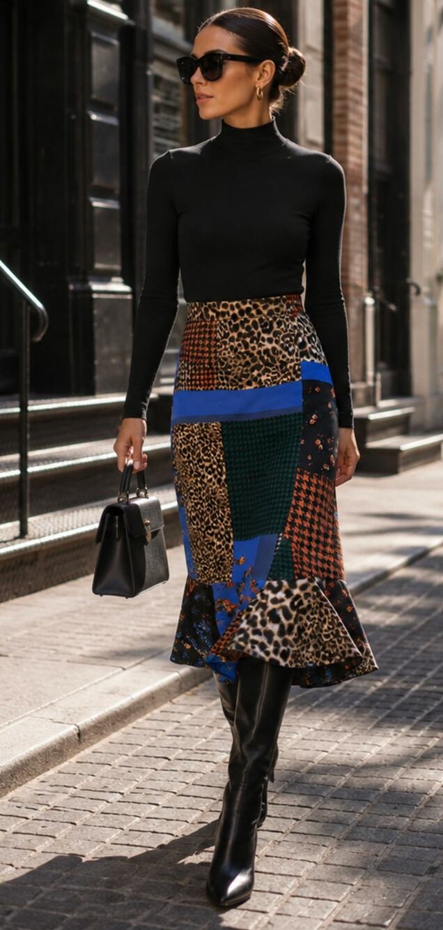 Calvin Klein Patchwork Leopard Faux Wrap Midi Skirt Size 4 Multicolor